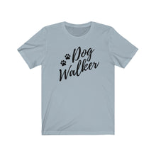Load image into Gallery viewer, Black trendy script font That reads dog walker with to pause on the left side on a blue/gray T-shirt
