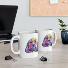 Load image into Gallery viewer, colorful Cockapoo dog pop art illustration on two white ceramic mugs sitting on office desk
