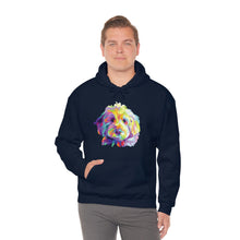 Load image into Gallery viewer, colorful Goldendoodle dog graphic on navy blue hoodie sweatshirt wron by young man with short brown hair and gray pants
