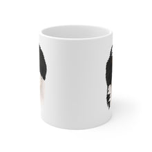 Load image into Gallery viewer, view of both sides of black, white and brown bernedoodle illustration on white mug 
