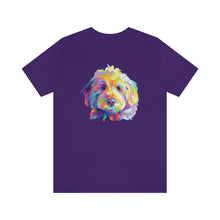 Load image into Gallery viewer, purple colored t-shirt with colorful Goldendodle dog pop art graphic on front
