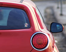 Load image into Gallery viewer, A cute little red car with a small colorful bernedoodle dog sticker on bottom right corner of back window
