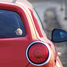 Load image into Gallery viewer, colorful goldendoodle sticker on back window of cute red car
