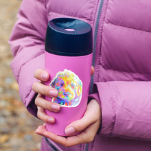 Load image into Gallery viewer, colorful goldendoodle sticker on purple water bottle with girl in purple puff coat holding it
