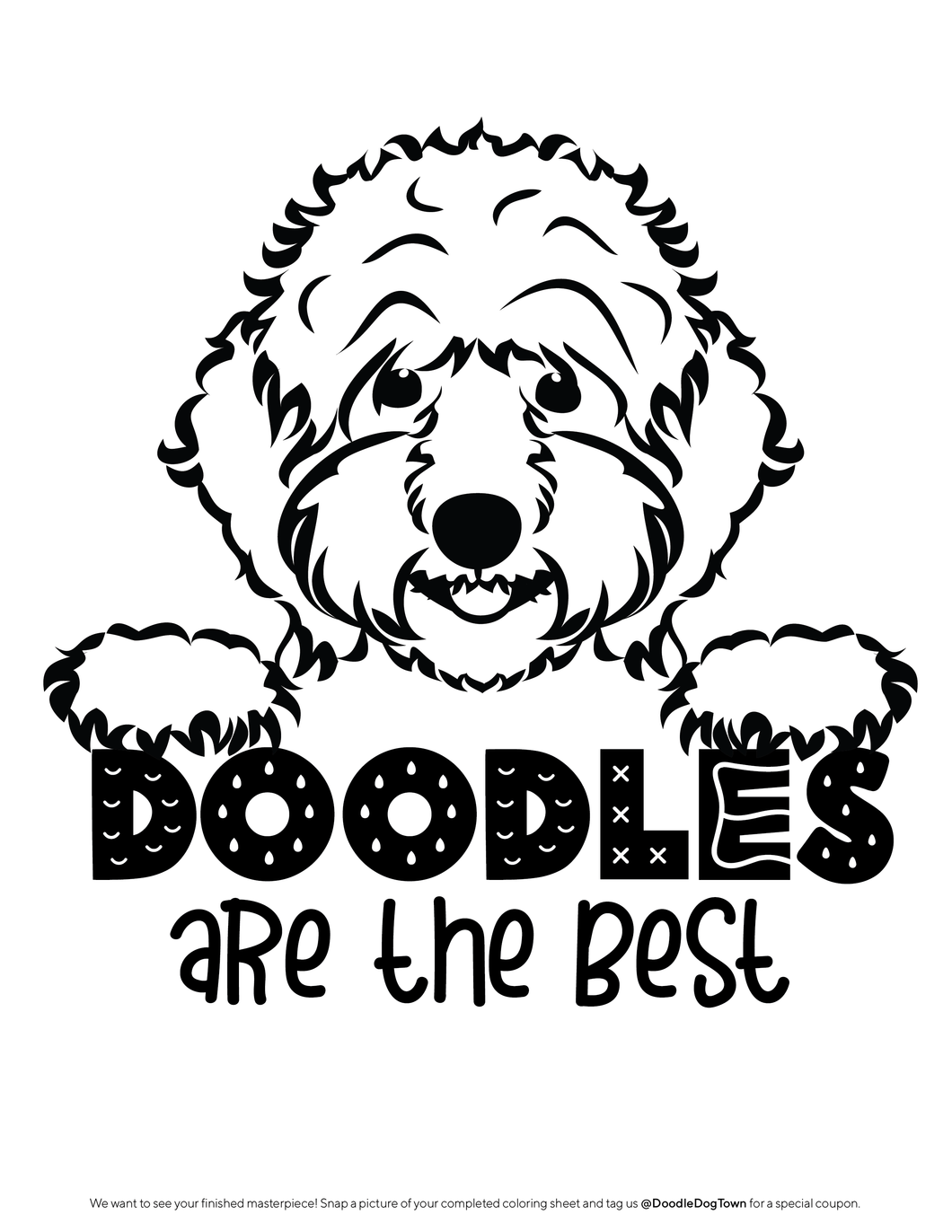 Black and white coloring sheet that shows a Goldendodle dog holding the word DOODLES with its paws. It reads, 