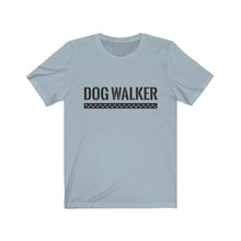 Load image into Gallery viewer, black text that reads &quot;dog walker&quot; in a cool Army-like font with A trail of paw prints inside a rectangle underneath the text on grayish blue T-shirt
