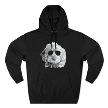 Load image into Gallery viewer, black hoodie sweatshirt with black and white illustration of goldendoodle dog with black sunglasses on front

