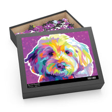 Load image into Gallery viewer, box that the colorful Goldendoodle dog puzzle comes in. The box is open and you can see the loose pieces inside the box and the full graphic on the top of the black box
