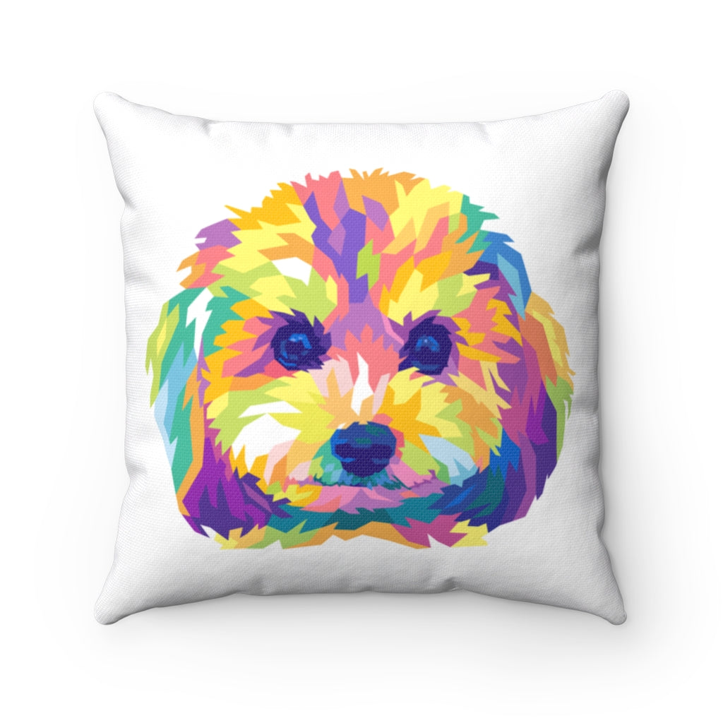 colorful and bright dog illustration on a square white throw pillow. Dog resembles a cavapoo or cockapoo or Goldendoodle or Labradoodle type of dog