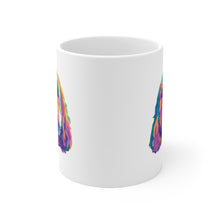 Load image into Gallery viewer, side view of white ceramic mug with colorful pop art illustration slightly showing
