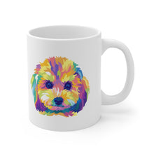 Load image into Gallery viewer, colorful Cavapoo dog pop art illustration on white mug with handle on right side
