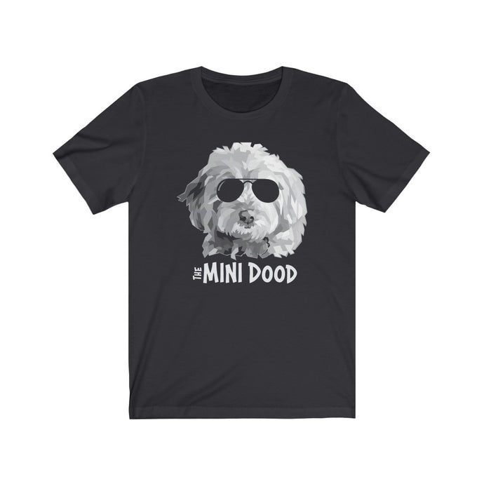 black t-shirt sith grayscale doodle dog face sith black sunglasses with words underneath that read The Mini Dood