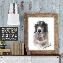 Load image into Gallery viewer, watercolor dog portrait custom made in wooden frame with old books with light blue wooden wall
