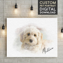 Load image into Gallery viewer, custom watercolor print on white canvas on white brick wall with hanging Edison lights
