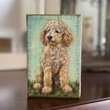Load image into Gallery viewer, adorable rustic painted goldendoodle dog on a wooden block sitting on wooden mantel
